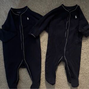 Ralph Lauren Navy Baby Footed Onesies with White Logo Trim (Set of 2) Twin Set